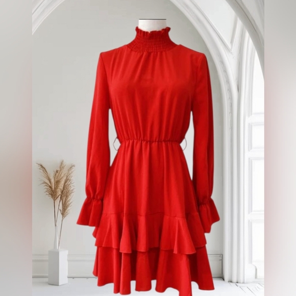 The Unbranded Brand Dresses & Skirts - Chic HIGH COLLAR LONG SLEEVE A LINE RUFFLE HEMLINE DRESS SIZE L NWOT